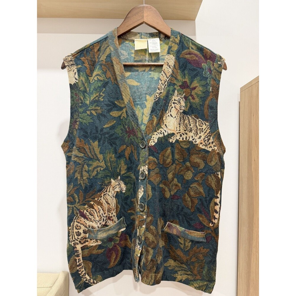 Krizia Maglia L Women Green Cashmere Leopard Tapestry Vintage 80s Vest Cats